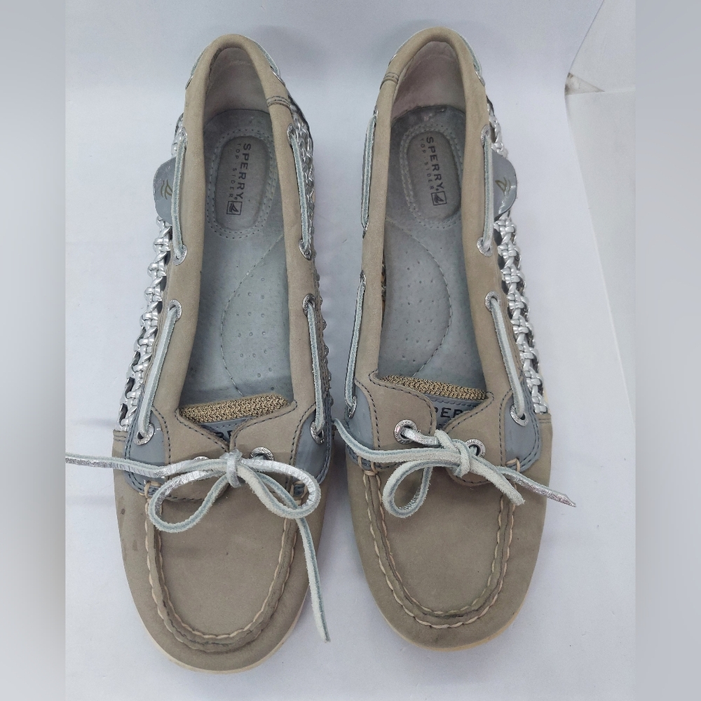 SPERRY Angelfish 2-Eye Caning Shoes Gray Leather Women's Size 8.5M